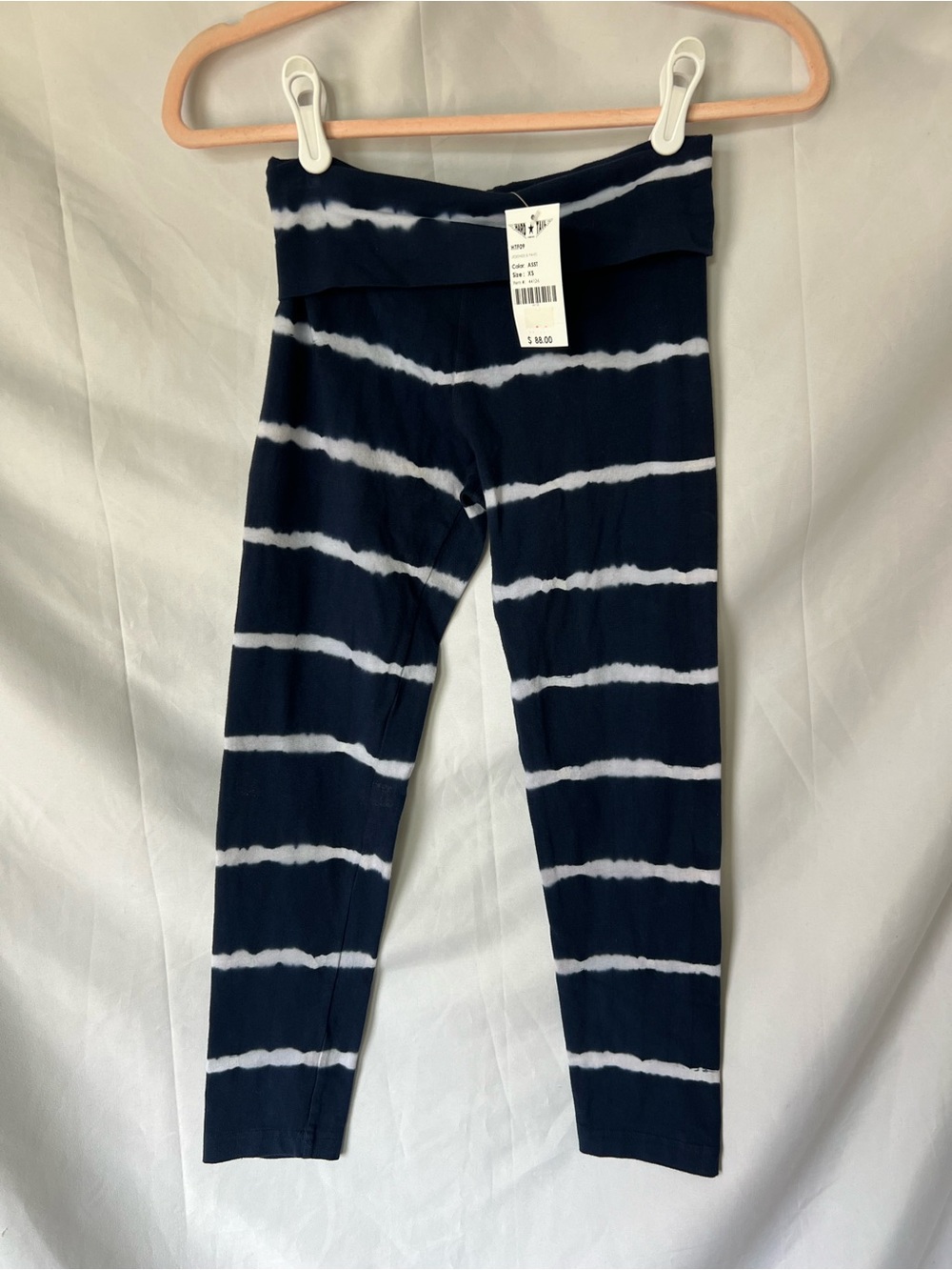 NWT Women’s HARD TAIL Navy/White Tie Dye 90% Cotton Fold-Over Crop Leggings